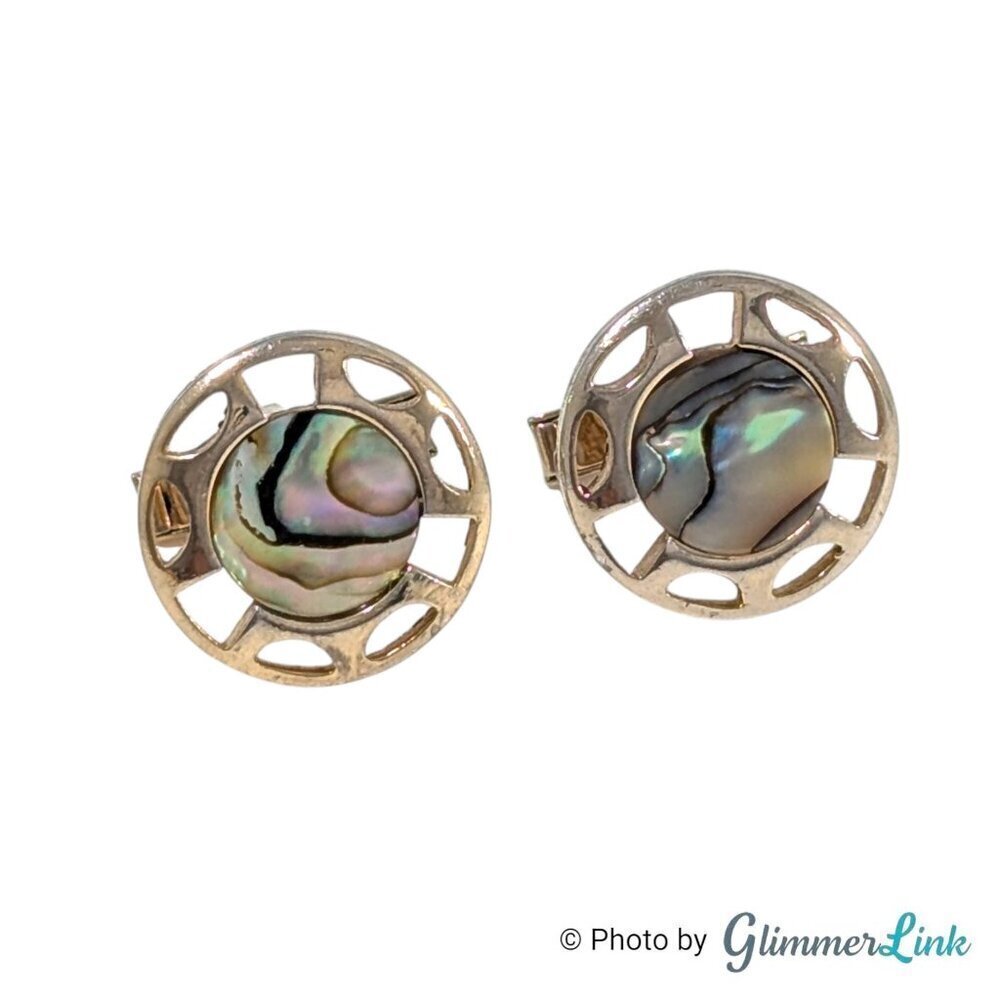 Vintage Swank Round Abalone Shell Whale Back Gold Tone Cufflinks